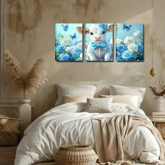 3pcs Blue Flowers Butterfly And Cute Calf  Wall Art Set Canvas Framed 40x60cm - High Quality Print 100% Australian Made Wall Canvas Ready to Hang