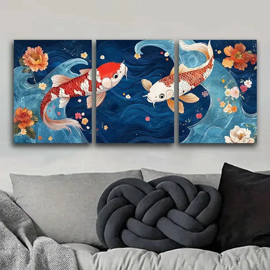 3pcs - Red and White Koi Fish with Floral Design, Metal Print Ready to Hang Art