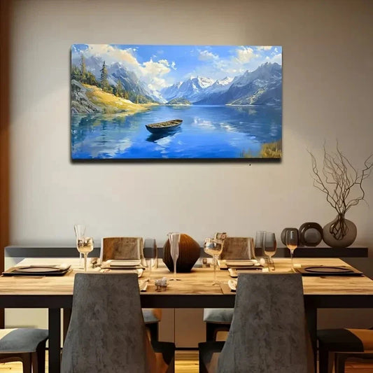 Serene Mountain Lake Scene Wall Art Canvas Office Home Room Framed 120x60cm