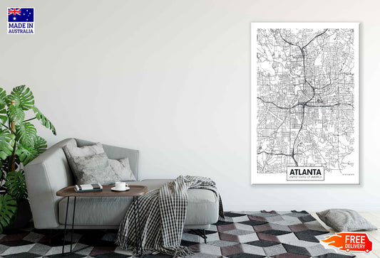 Atlanta City in USA Detailed Map Print 100% Australian Made Stretched Canvas Ready to Hang - 2382