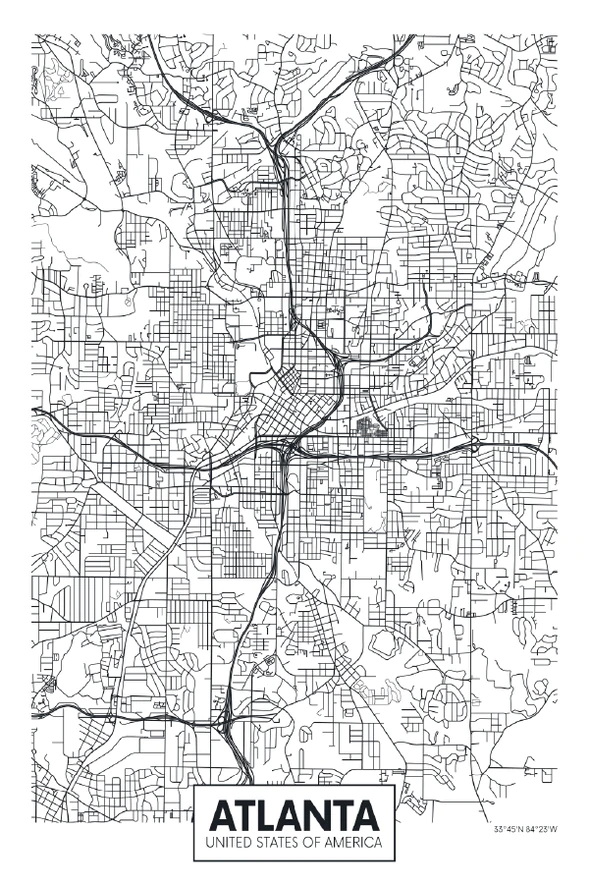 Atlanta City in USA Detailed Map Print 100 Australian Made Stretched Canvas Ready to Hang 2382