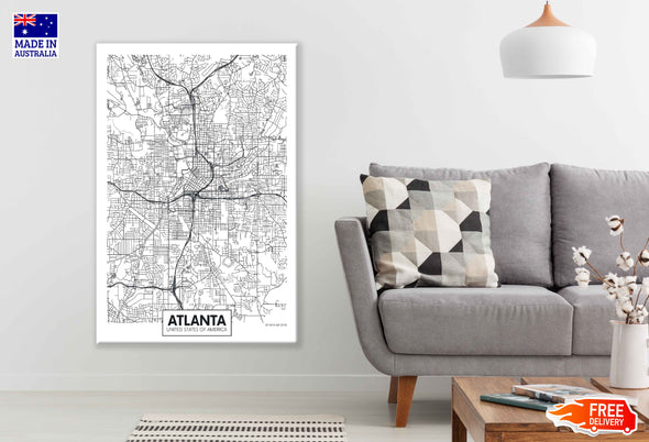 Atlanta City in USA Detailed Map Print 100% Australian Made Stretched Canvas Ready to Hang - 2382