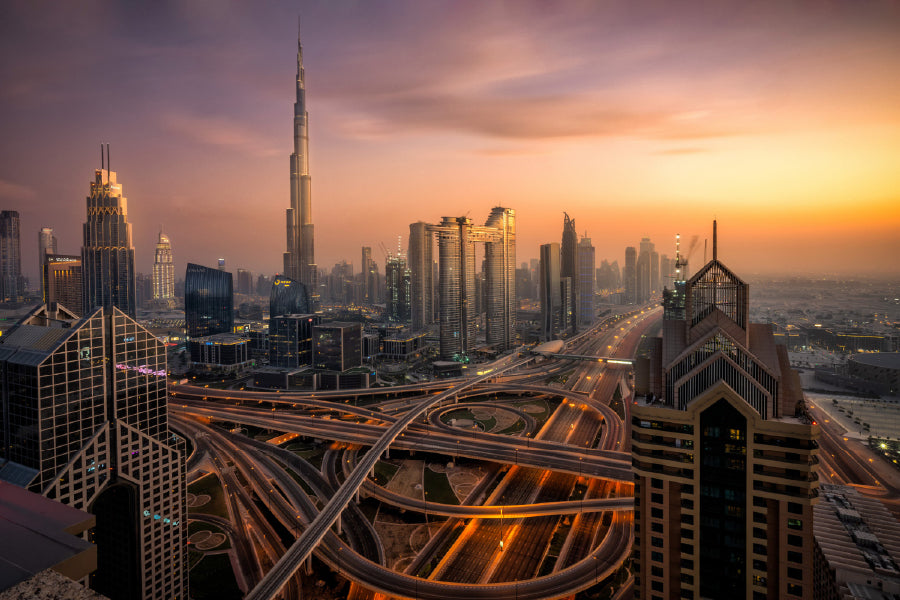 Highways Dubai City Sunset View Print 100% Australian Made Stretched Canvas Ready to Hang - 1551