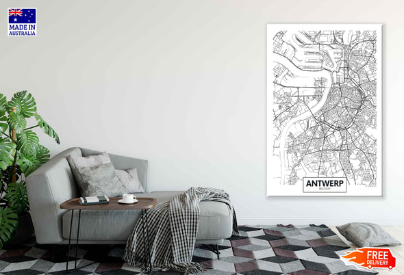 Antwerp City in Belgium Travel Detailed Map Print 100% Australian Made Stretched Canvas Ready to Hang - 2383