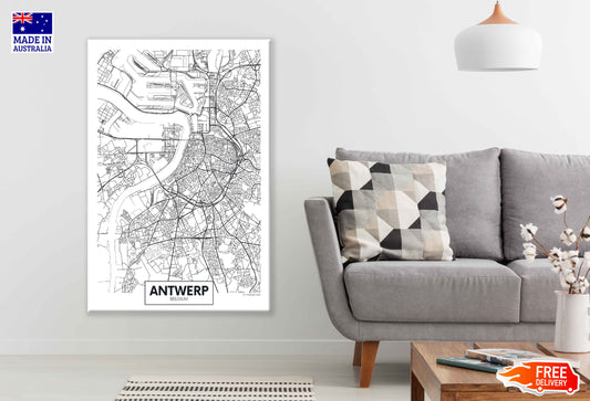 Antwerp City in Belgium Travel Detailed Map Print 100% Australian Made Stretched Canvas Ready to Hang - 2383