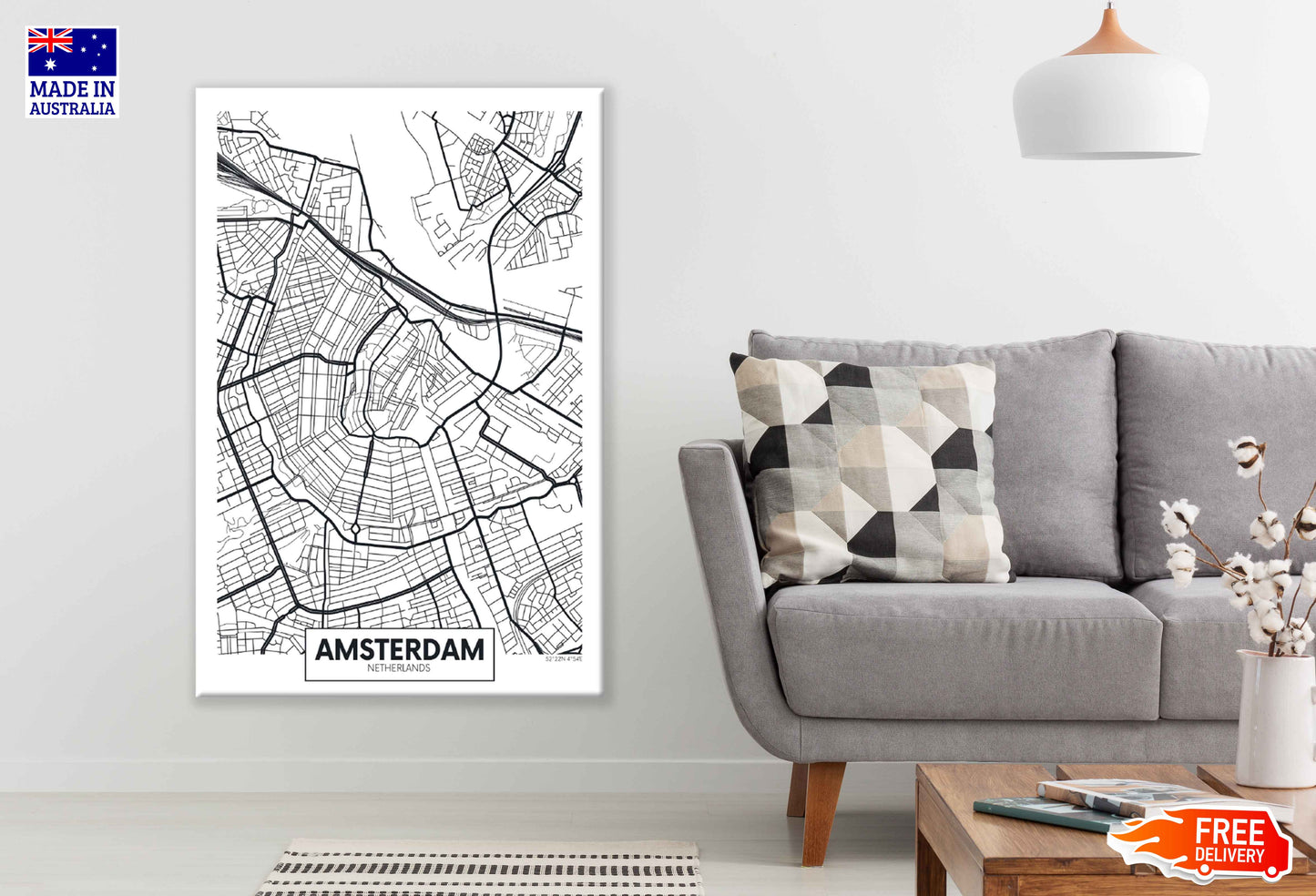 Amsterdam City in Netherlands Detailed Map Print 100% Australian Made Stretched Canvas Ready to Hang - 2384