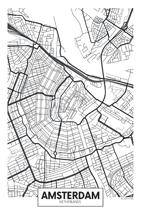 Amsterdam City in Netherlands Detailed Map Print 100% Australian Made Stretched Canvas Ready to Hang - 2384