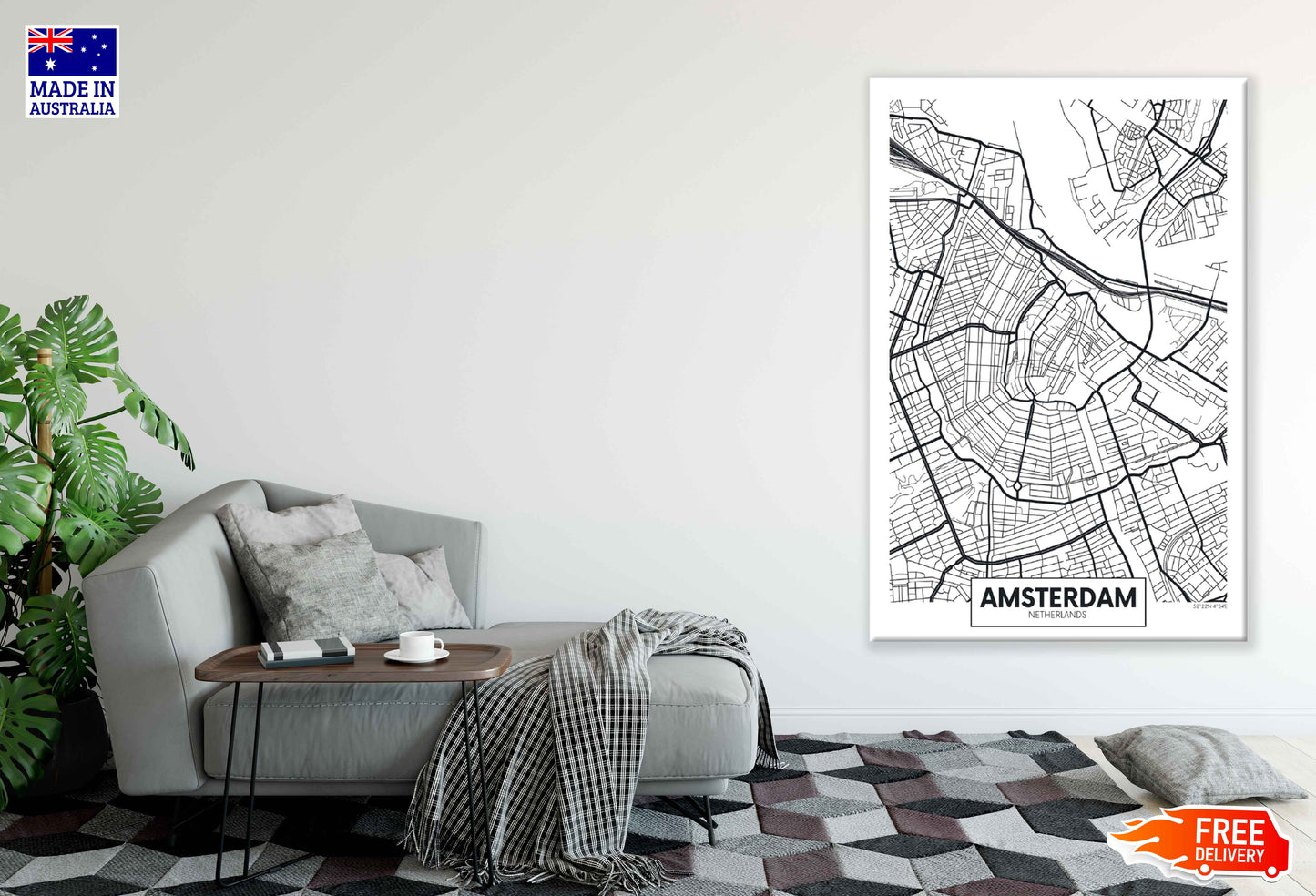 Amsterdam City in Netherlands Detailed Map Print 100% Australian Made Stretched Canvas Ready to Hang - 2384