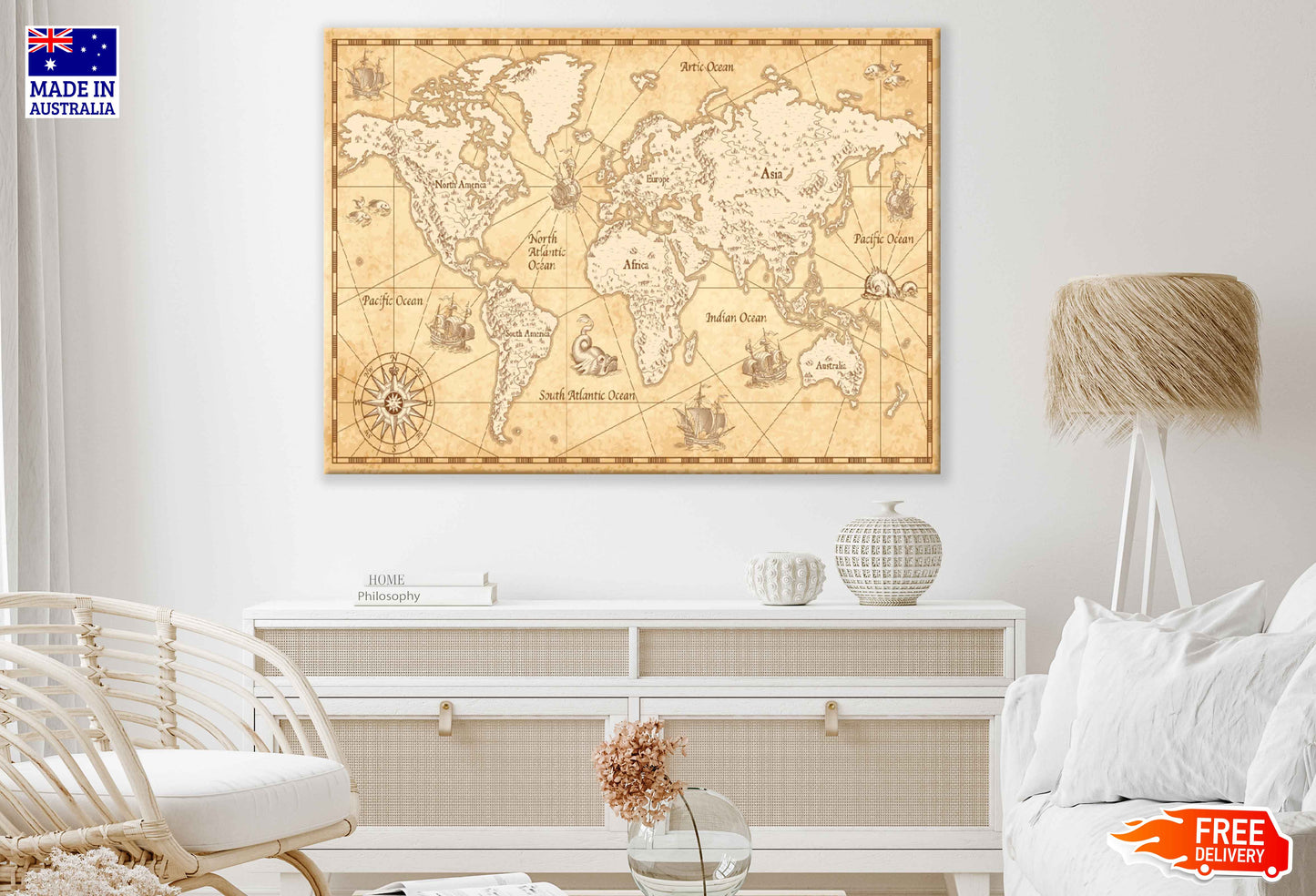 Vintage World Map with Mountains & Trees Print 100% Australian Made Stretched Canvas Ready to Hang - 2385