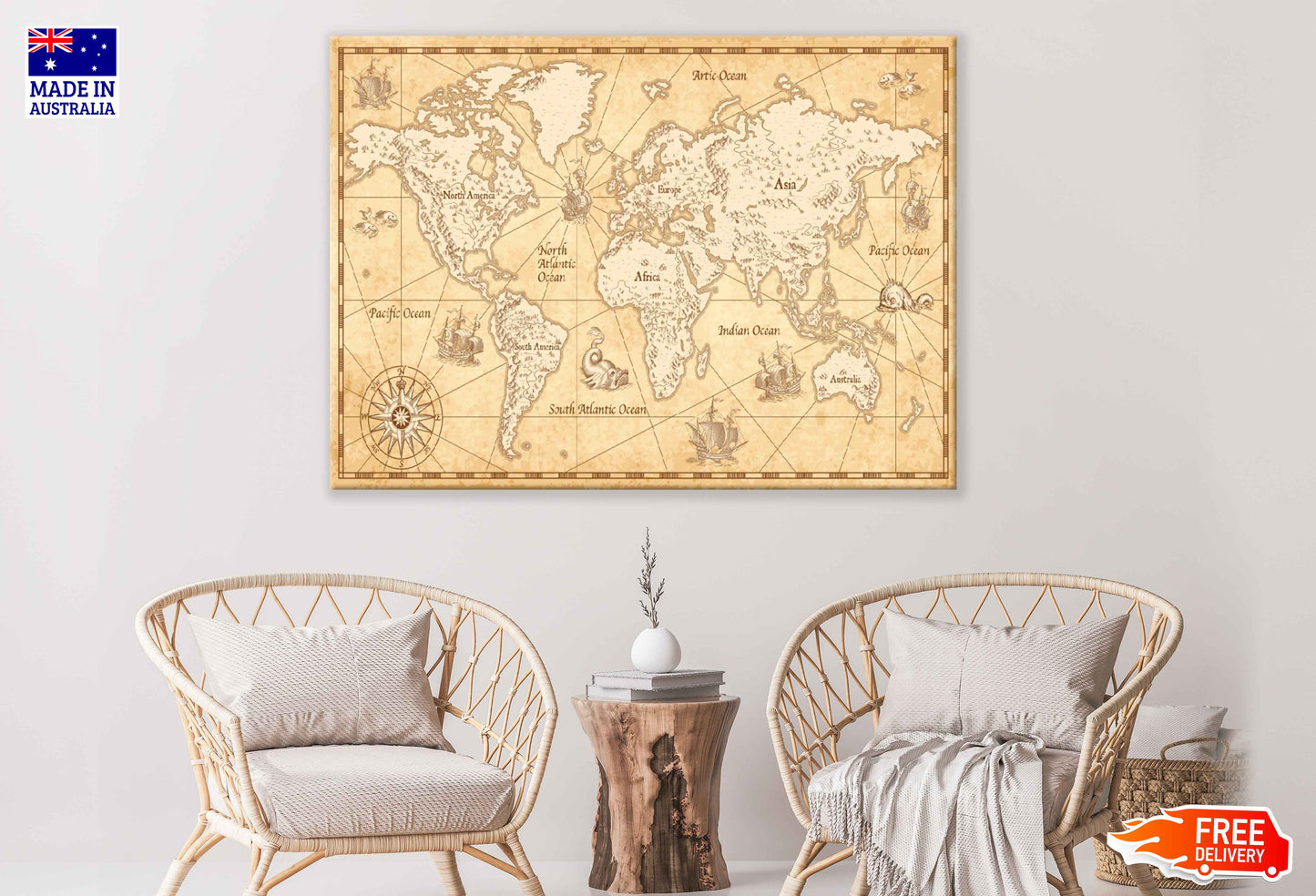 Vintage World Map with Mountains & Trees Print 100% Australian Made Stretched Canvas Ready to Hang - 2385