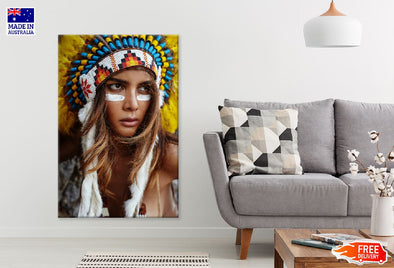 Female Portrait Tribal War Feather Headdress Photograph Print 100% Australian Made Stretched Canvas Ready to Hang - 1966