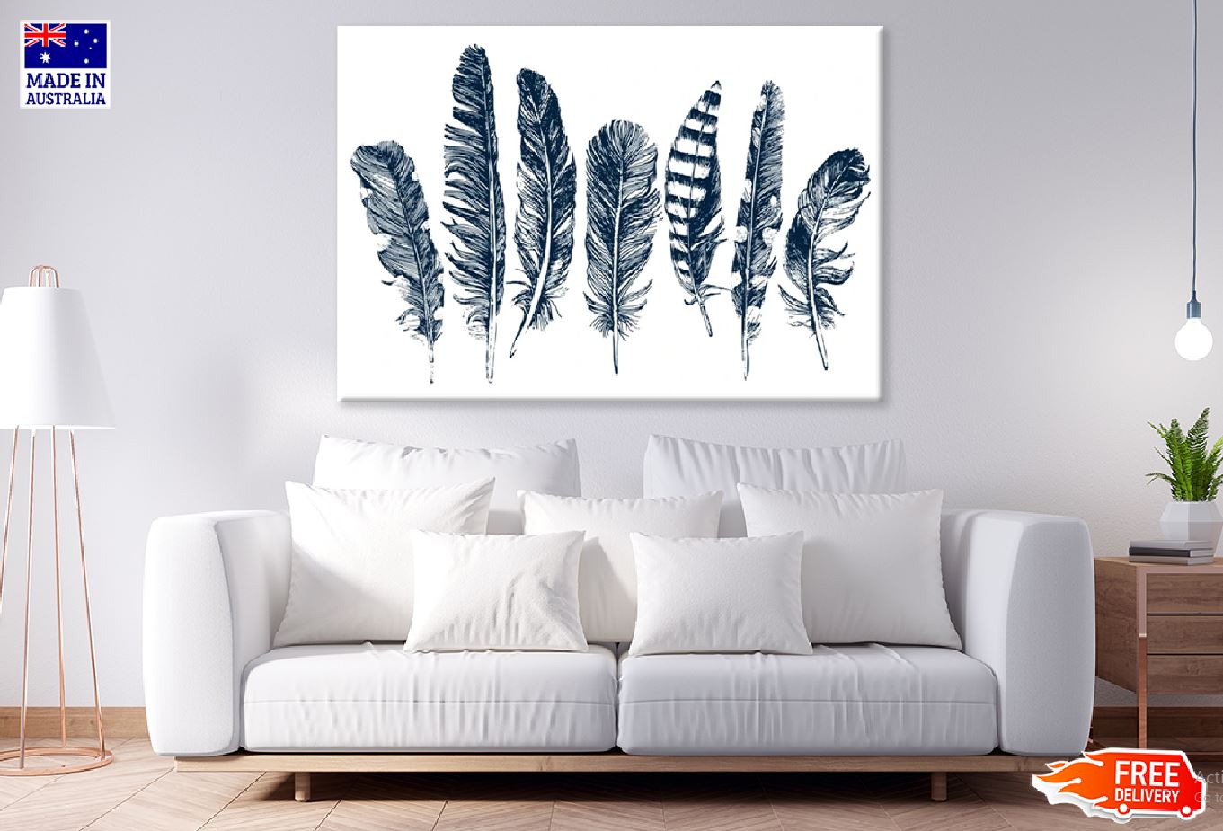 Blue Feathers Watercolor Painting  Print 100% Australian Made Stretched Canvas Ready to Hang - 1893