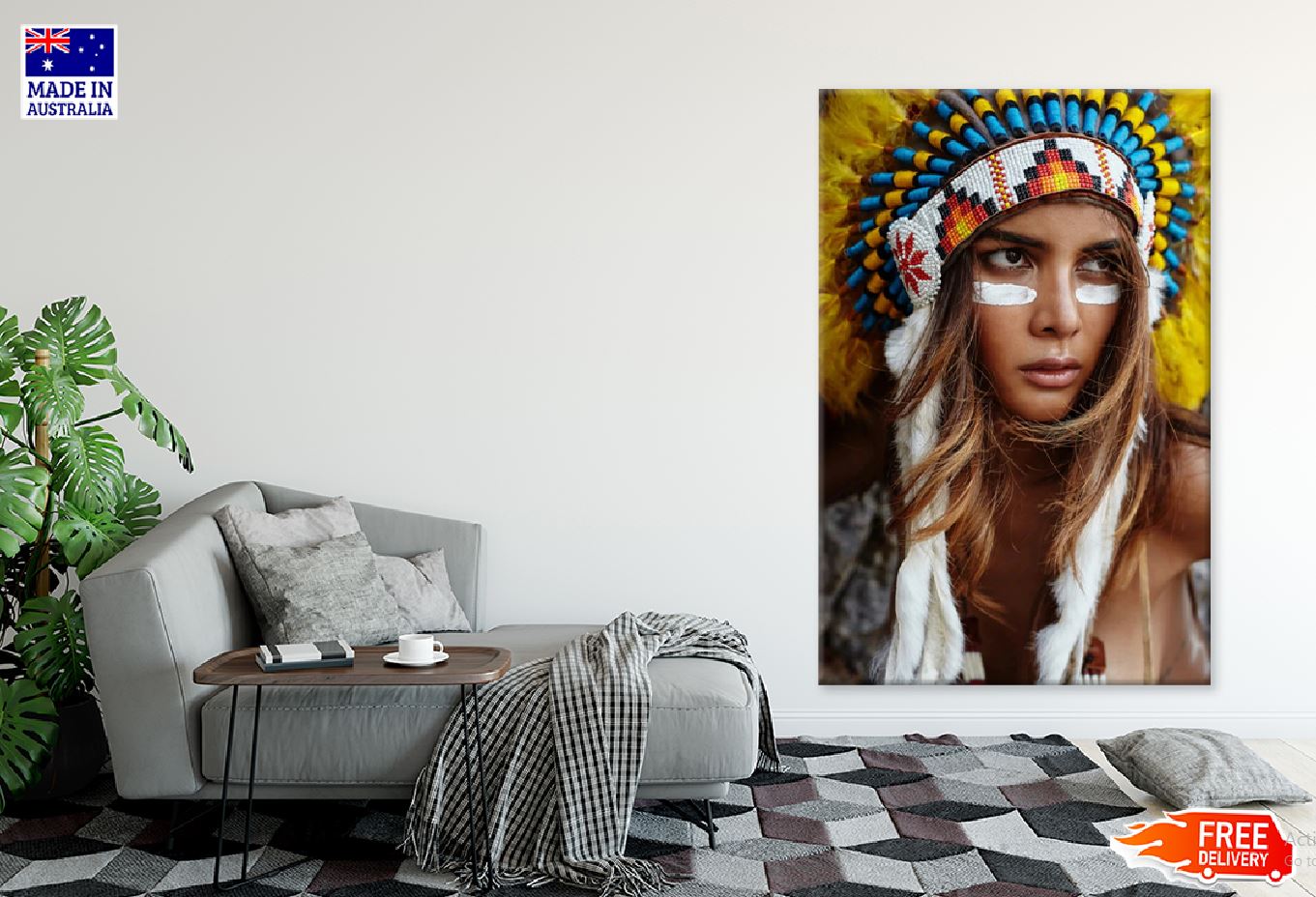 Female Portrait Tribal War Feather Headdress Photograph Print 100% Australian Made Stretched Canvas Ready to Hang - 1966