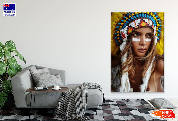 Female Portrait Tribal War Feather Headdress Photograph Print 100% Australian Made Stretched Canvas Ready to Hang - 1966