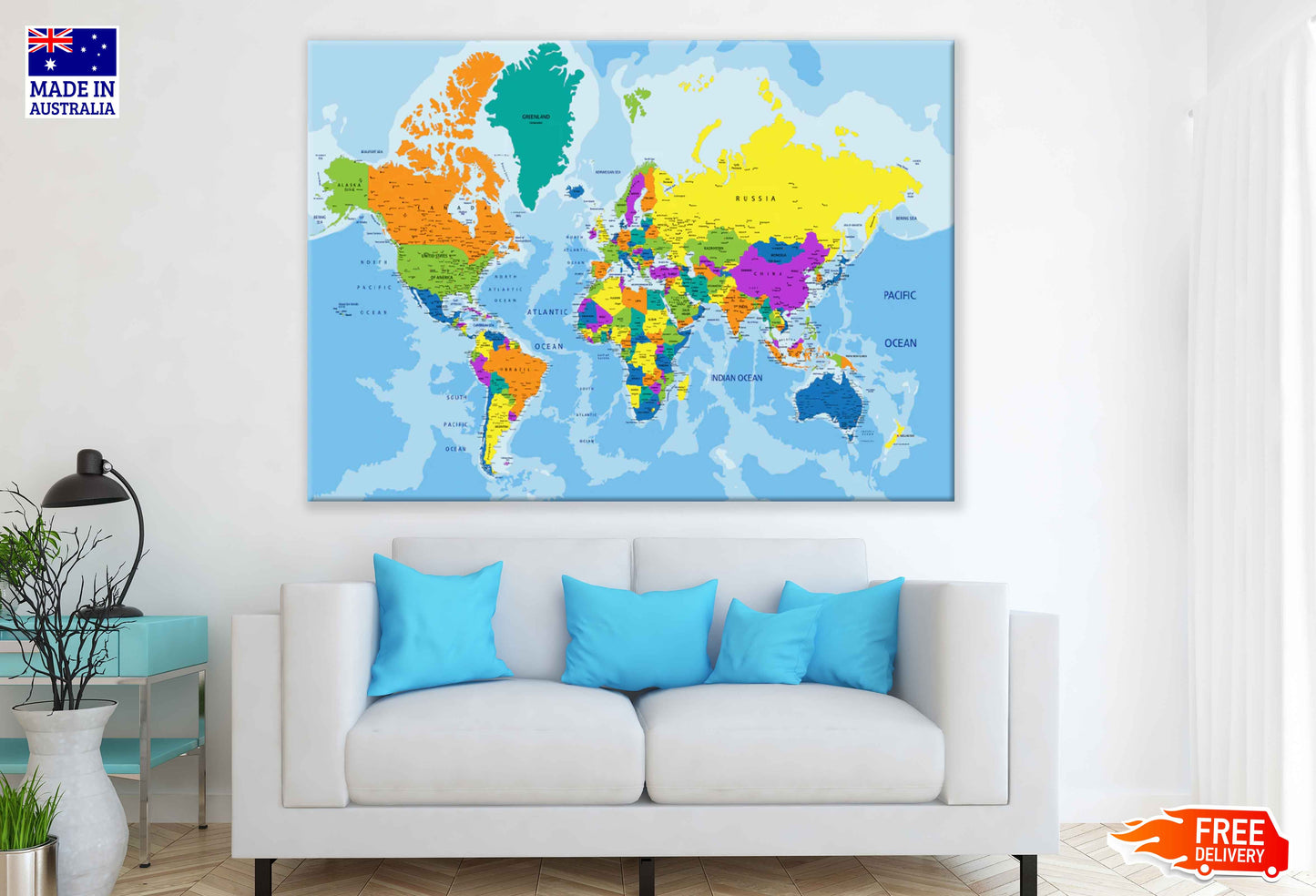 Colorful World Political Map Vector Art Print 100% Australian Made Stretched Canvas Ready to Hang - 2292