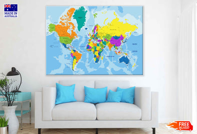 Colorful World Political Map Vector Art Print 100% Australian Made Stretched Canvas Ready to Hang - 2292