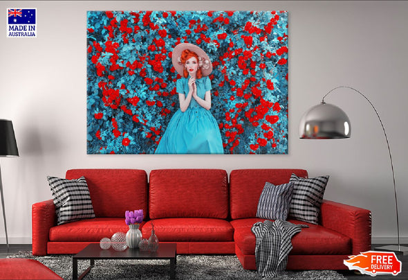 Red Lips Hat Girl in Rose Garden Print 100% Australian Made Stretched Canvas Ready to Hang - 1297