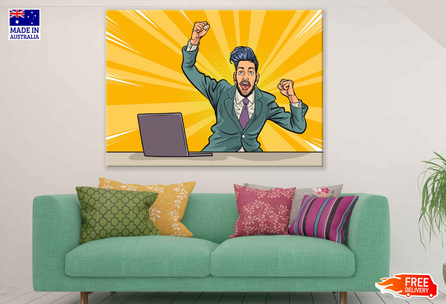 Successful Man & Laptop Illustration Pop Arts & Comic Poster Print 100% Australian Made Stretched Canvas Ready to Hang - 2165