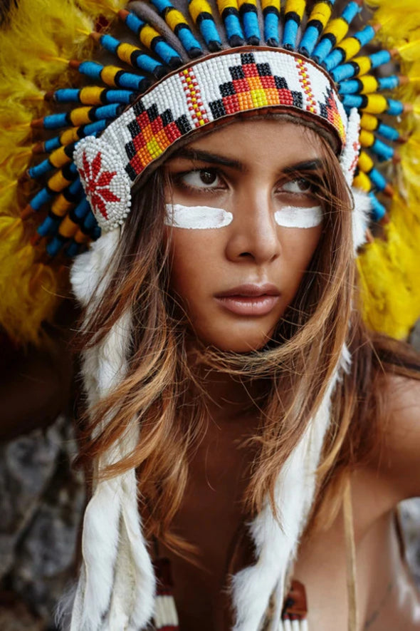 Female Portrait Tribal War Feather Headdress Photograph Print 100% Australian Made Stretched Canvas Ready to Hang - 1966