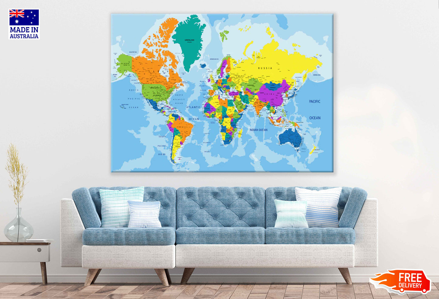 Colorful World Political Map Vector Art Print 100% Australian Made Stretched Canvas Ready to Hang - 2292