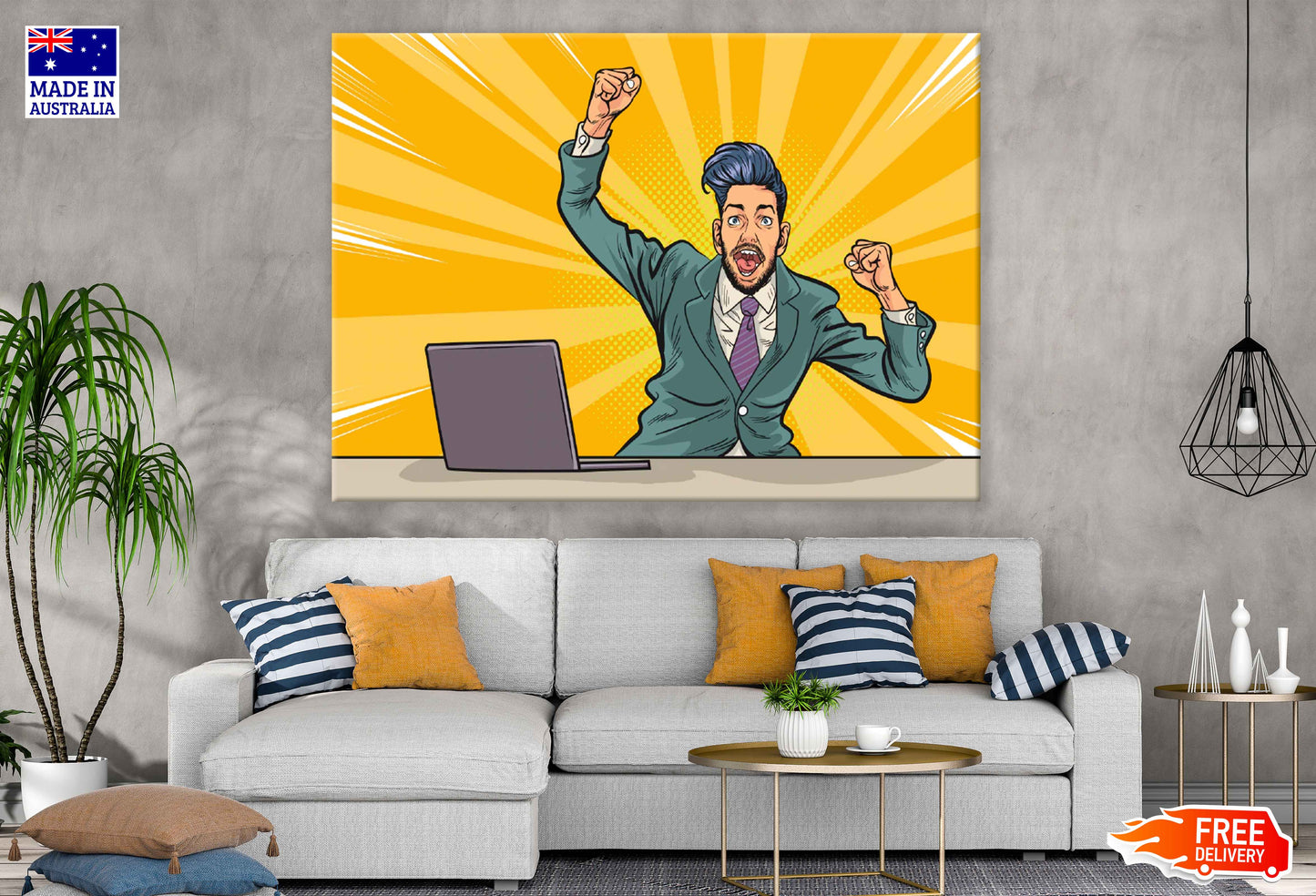 Successful Man & Laptop Illustration Pop Arts & Comic Poster Print 100% Australian Made Stretched Canvas Ready to Hang - 2165