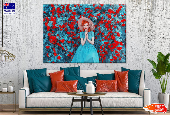 Red Lips Hat Girl in Rose Garden Print 100% Australian Made Stretched Canvas Ready to Hang - 1297