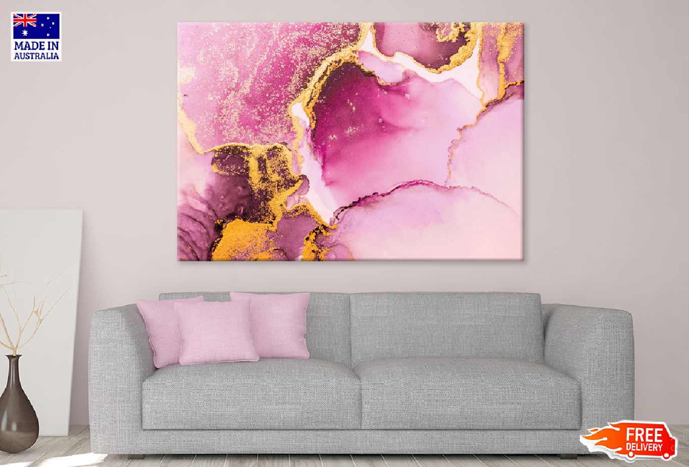 Pink Gold Liquid Ink Abstract Design Print 100% Australian Made Stretched Canvas Ready to Hang - 1113