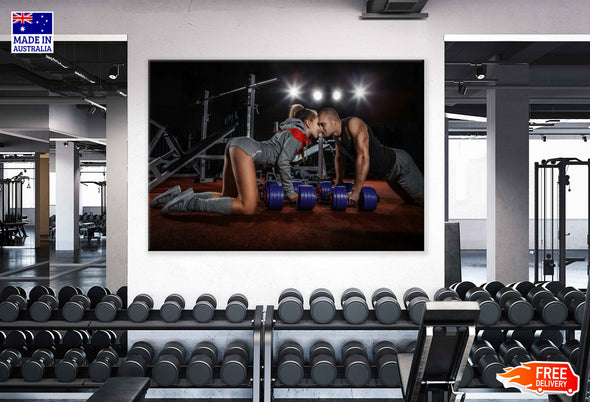 Couple Doing Push Up with Dumbbells on Gym floor  Print 100% Australian Made Stretched Canvas Ready to Hang - 2194