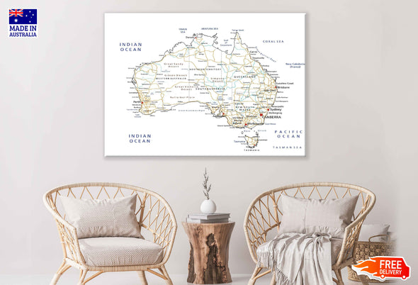 Australia Map Highly Detailed Print 100% Australian Made Stretched Canvas Ready to Hang - 2293