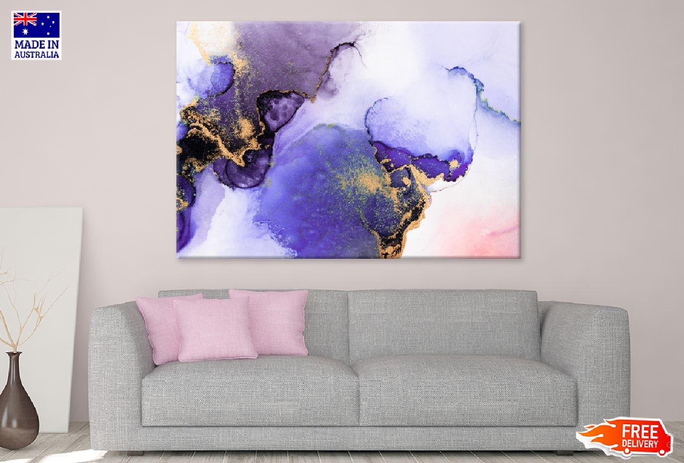 Purple Gold Abstract Marble Ink Design Print 100% Australian Made Stretched Canvas Ready to Hang - 1114