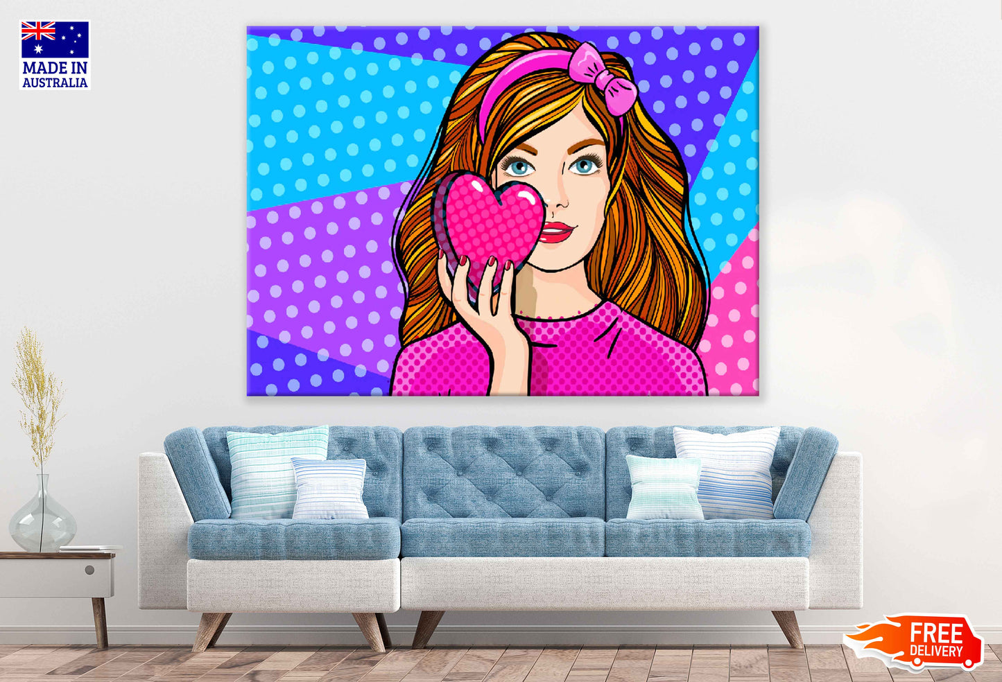 Girl Holding a Heart Colorful Illustration Pop Arts & Comic Poster Print 100% Australian Made Stretched Canvas Ready to Hang - 2095