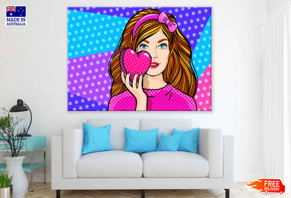 Girl Holding a Heart Colorful Illustration Pop Arts & Comic Poster Print 100% Australian Made Stretched Canvas Ready to Hang - 2095