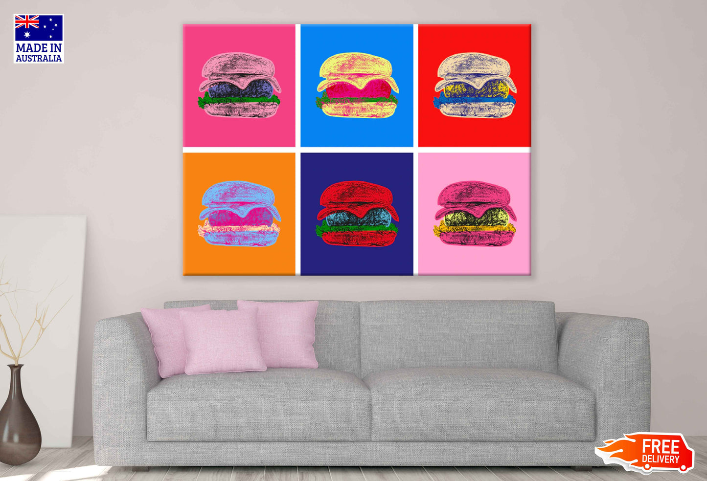 Colorful Burgers Collage Illustration Pop Arts & Comic Poster Print 100% Australian Made Stretched Canvas Ready to Hang - 2167