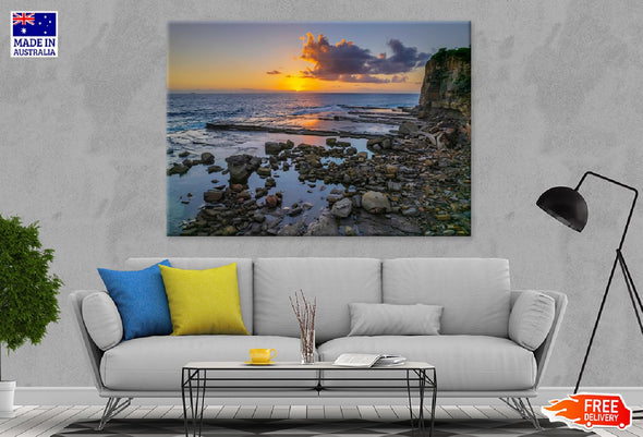 Rocks Near Sea Sunset Photograph Print 100% Australian Made Stretched Canvas Ready to Hang - 1014