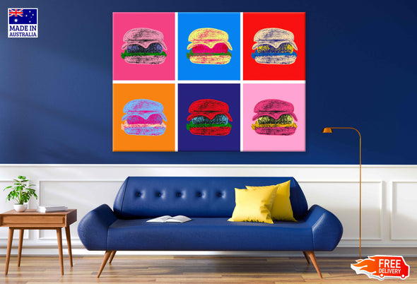 Colorful Burgers Collage Illustration Pop Arts & Comic Poster Print 100% Australian Made Stretched Canvas Ready to Hang - 2167