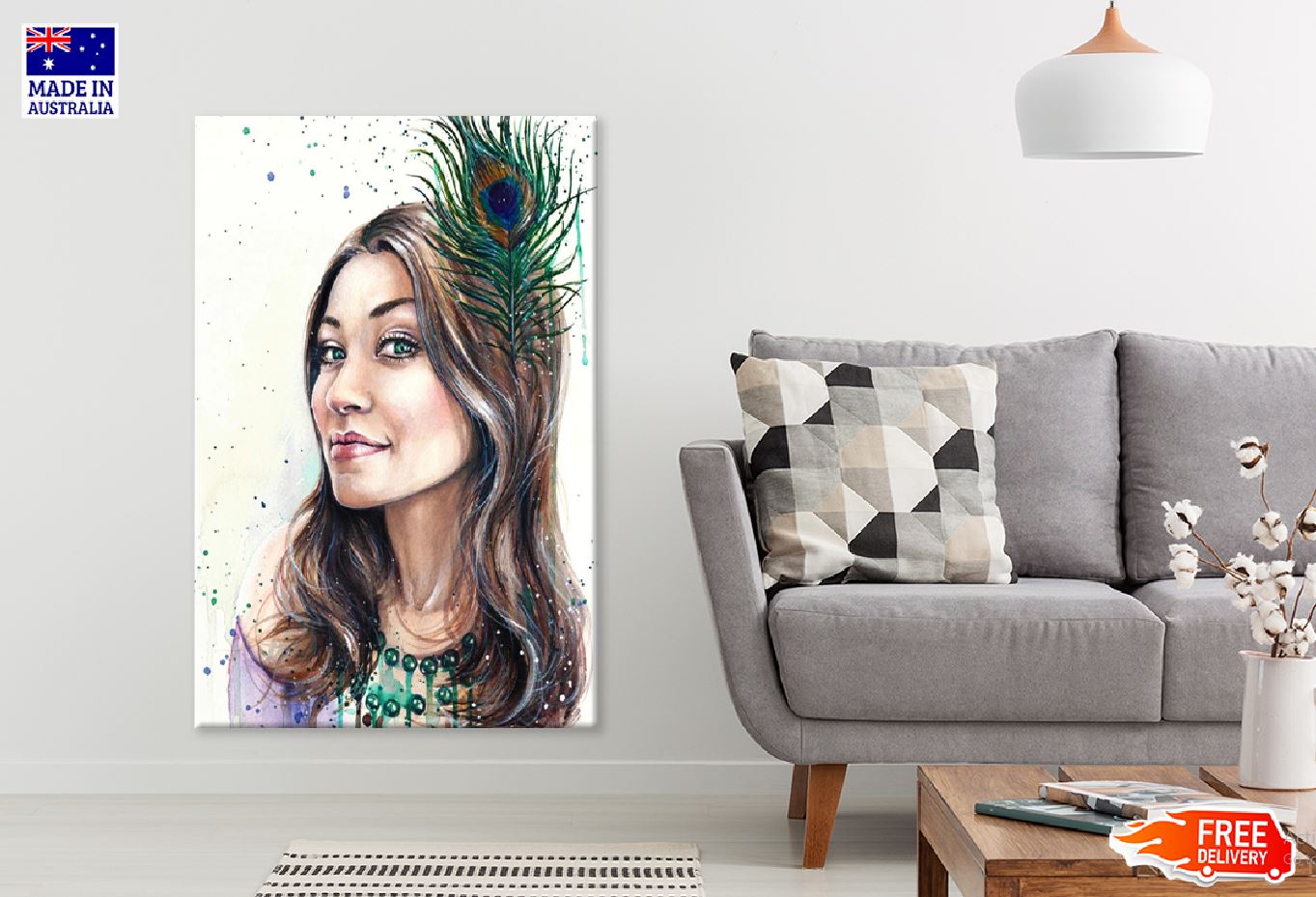 Girl Portrait with a Feather Headdress Watercolor Painting  Print 100% Australian Made Stretched Canvas Ready to Hang - 1969