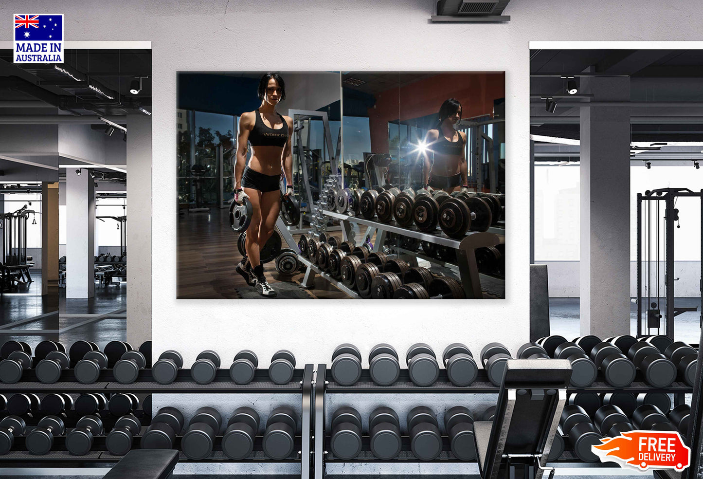 Girl Lift Weights Near Dumbbell Row Print 100% Australian Made Stretched Canvas Ready to Hang - 2196