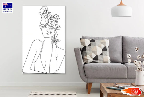 Flowers & Woman Face B&W Line Art Design Print 100% Australian Made Stretched Canvas Ready to Hang - 1795