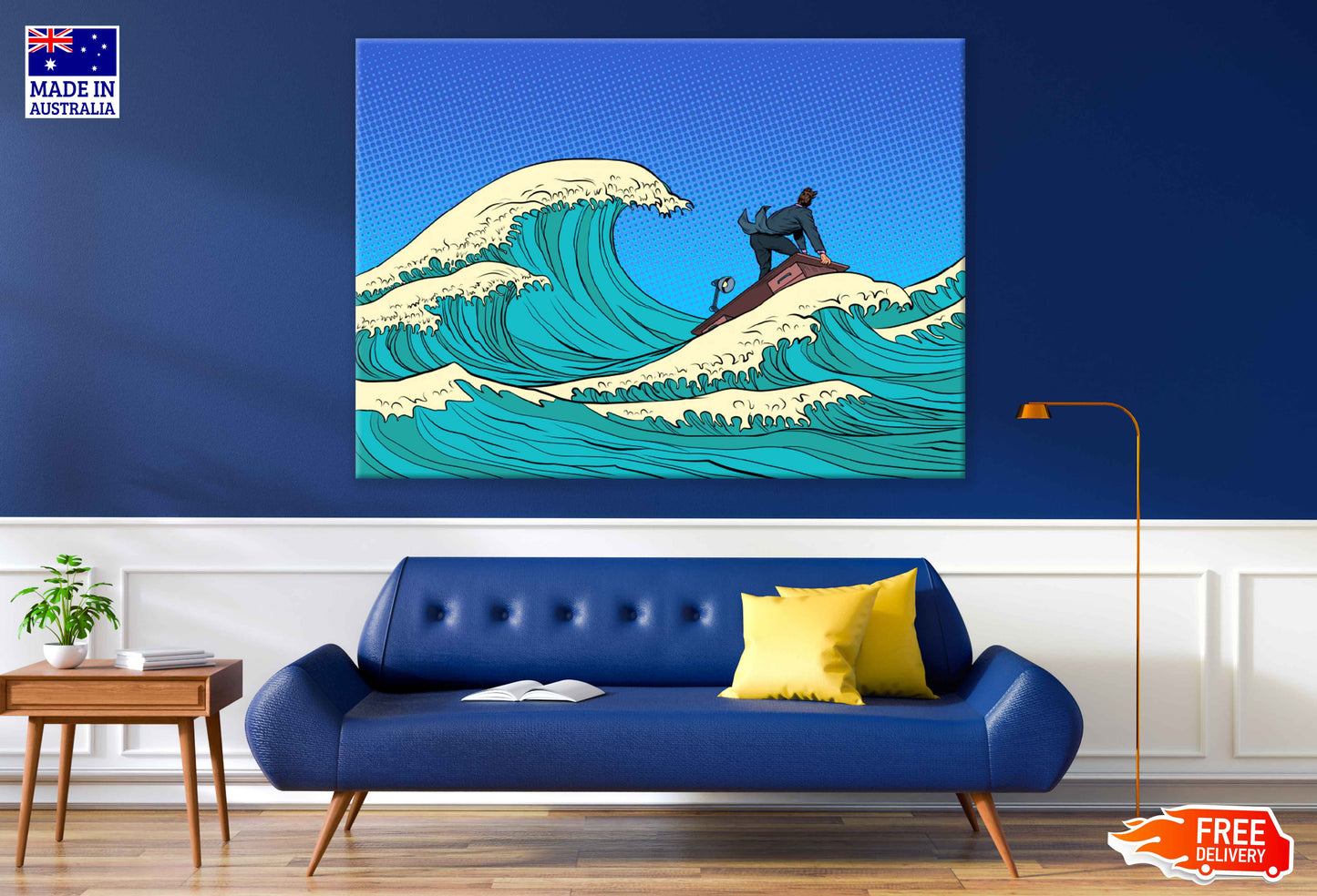 Businessman Floating on Sea Illustration Pop Arts & Comic Poster Print 100% Australian Made Stretched Canvas Ready to Hang - 2168