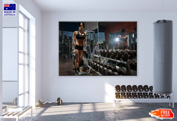 Girl Lift Weights Near Dumbbell Row Print 100% Australian Made Stretched Canvas Ready to Hang - 2196