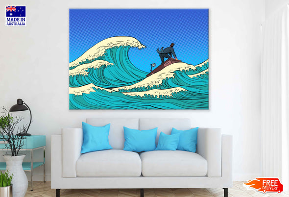 Businessman Floating on Sea Illustration Pop Arts & Comic Poster Print 100% Australian Made Stretched Canvas Ready to Hang - 2168