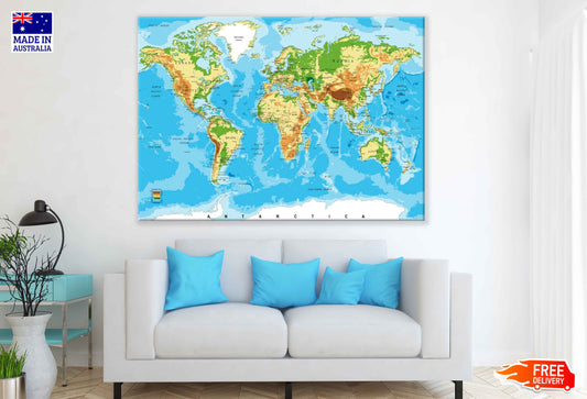 World Map Detailed Print 100% Australian Made Stretched Canvas Ready to Hang - 2295