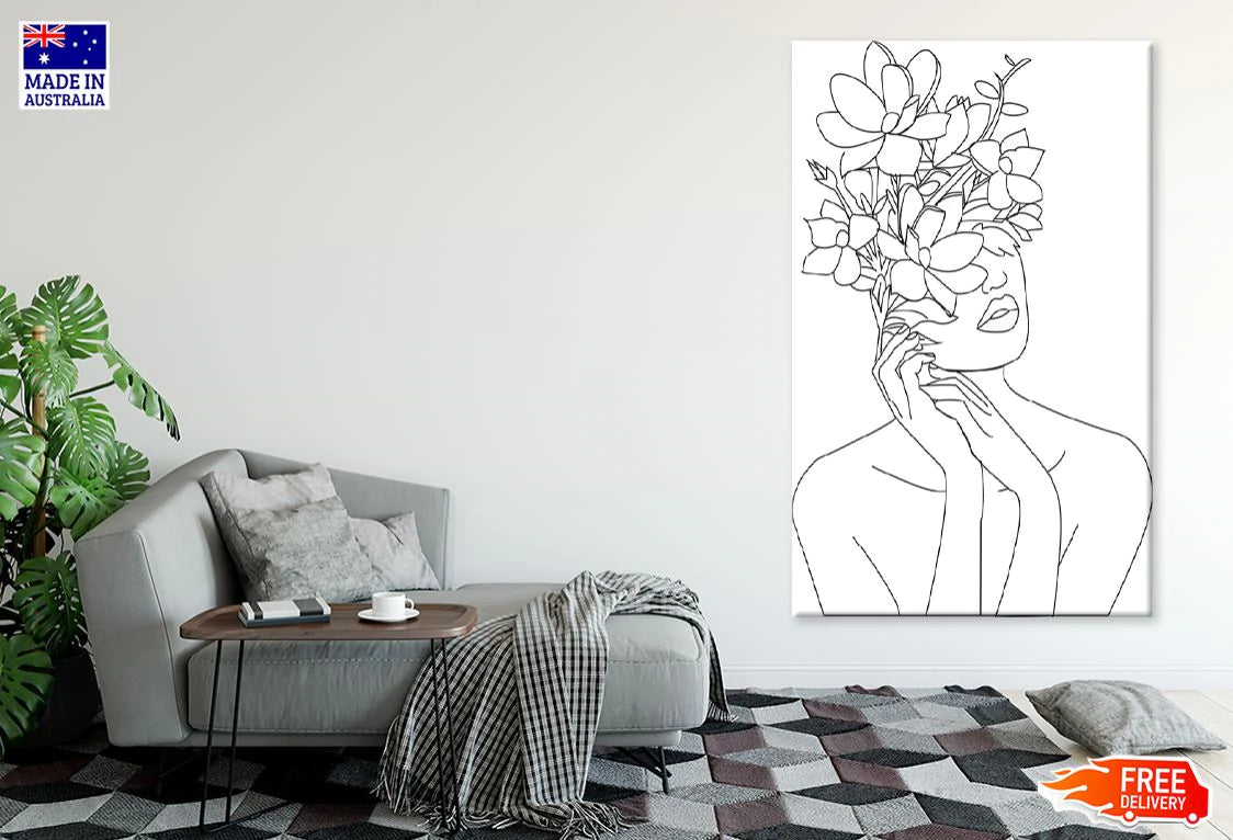 Floral Headdress & Woman Face B&W Line Art Design Print 100% Australian Made Stretched Canvas Ready to Hang - 1796