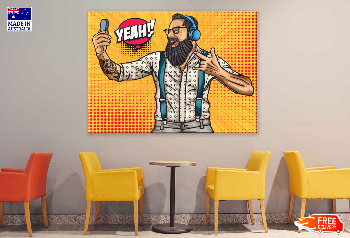 Yeah Quote & Bearded Man with Headphones Pop Arts & Comic Poster Print 100% Australian Made Stretched Canvas Ready to Hang - 2169