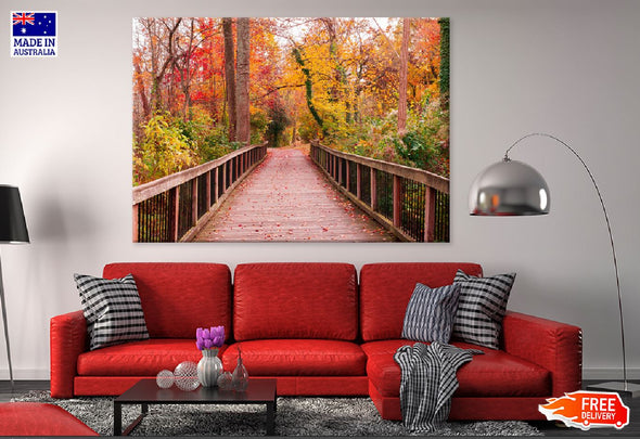 Autumn Trees & Wooden Pathway Print 100% Australian Made Stretched Canvas Ready to Hang - 1694