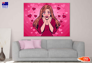 Girl In Love Hearts Illustration Pop Arts & Comic Poster Print 100% Australian Made Stretched Canvas Ready to Hang - 2097