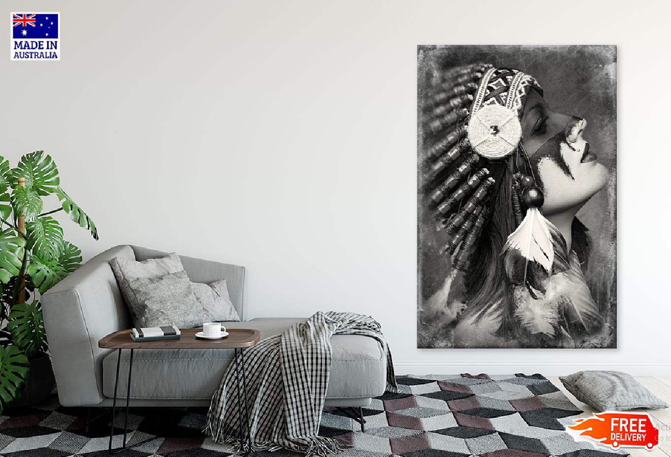 Girl with Feather Headdress B&W Photograph Print 100% Australian Made Stretched Canvas Ready to Hang - 1970