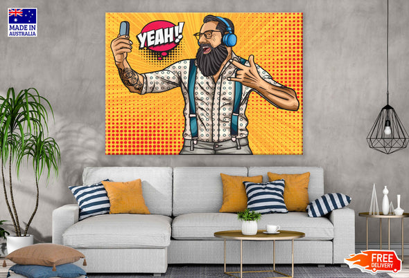 Yeah Quote & Bearded Man with Headphones Pop Arts & Comic Poster Print 100% Australian Made Stretched Canvas Ready to Hang - 2169