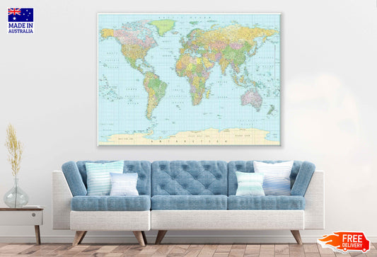 World Map with City Names Print 100% Australian Made Stretched Canvas Ready to Hang - 2296