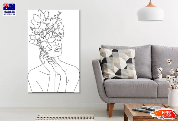 Floral Headdress & Woman Face B&W Line Art Design Print 100% Australian Made Stretched Canvas Ready to Hang - 1796